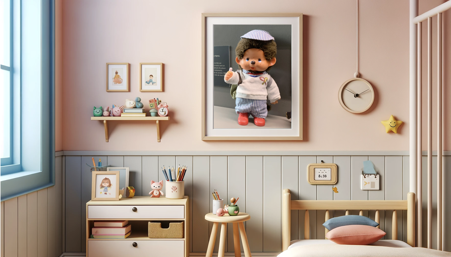 Photo de la peluche Kiki dans une chambre d'enfant